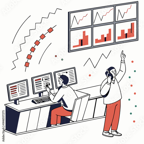 Traders Analyzing Stock Market Data At Desk Using Computer And Phone