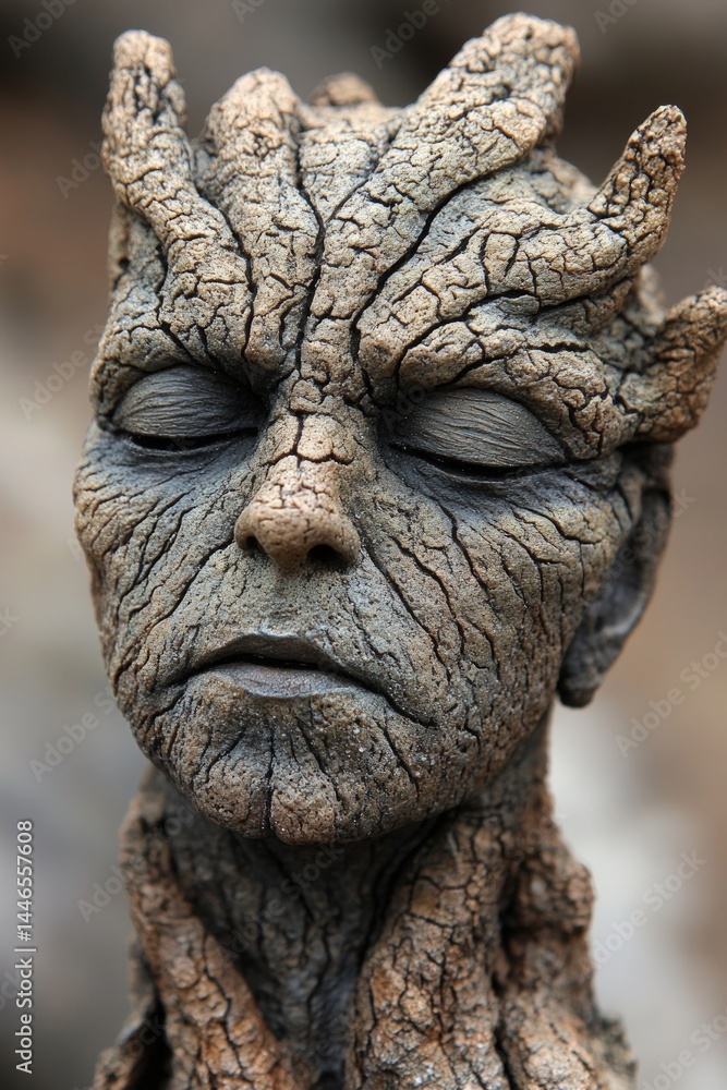 Craggy serene face crafted from clay Craggy serene face crafted from clay