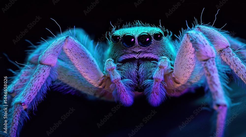 Close-up of jumping spider in vibrant neon light Close-up of jumping spider in vibrant neon light