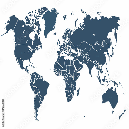 Simple World Map Illustration Showing Country Borders In Muted Blue