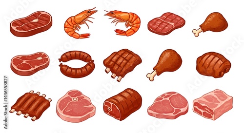 Various Meat Cuts and Seafood Illustration – Protein Food Collection
