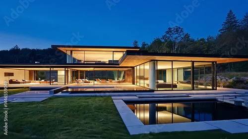 Wallpaper Mural Modern architectural masterpiece at twilight showcasing sleek design and serene outdoor setting Torontodigital.ca