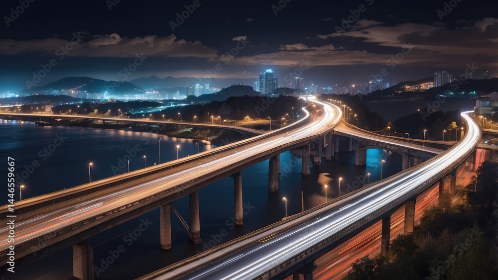 Aerial view of a multi-lane bridge winding over a body of water,