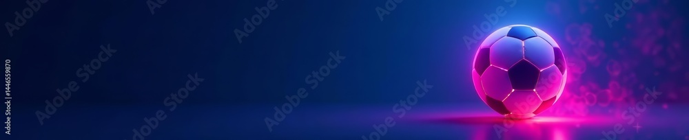 Naklejka premium Vibrant neon soccer ball illustration radiating light on dark blue backdrop, competition, vibrant, sports