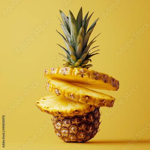 Abacaxi cortado em 6 fatias flutuando no ar contra um fundo amarelo vibrante. Fotografia de produto hiper-realista, com alta resolução e detalhes, mostrando a textura fresca e natural da fruta