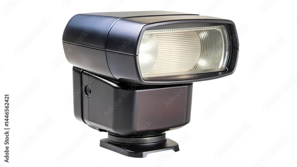 Detailed studio shot of a professional camera flash against a transparent background Detailed studio shot of a professional camera flash against a transparent background