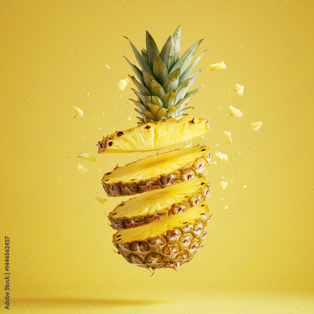Abacaxi cortado em 6 fatias flutuando no ar contra um fundo amarelo vibrante. Fotografia de produto hiper-realista, com alta resolução e detalhes, mostrando a textura fresca e natural da fruta
