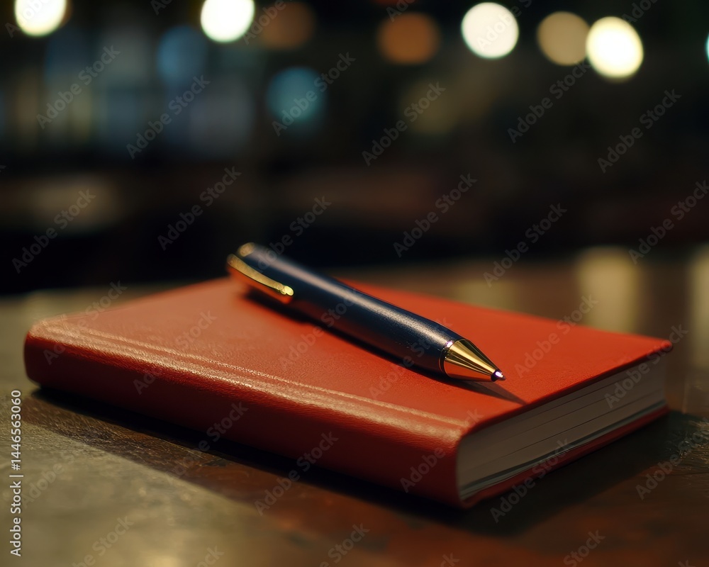 Red notebook and pen on a wooden table at night Red notebook and pen on a wooden table at night
