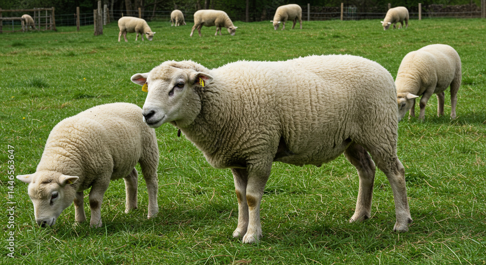 Tranquil pastoral scenery with a flock of sheep grazing peacefully on the field Tranquil pastoral scenery with a flock of sheep grazing peacefully on the field
