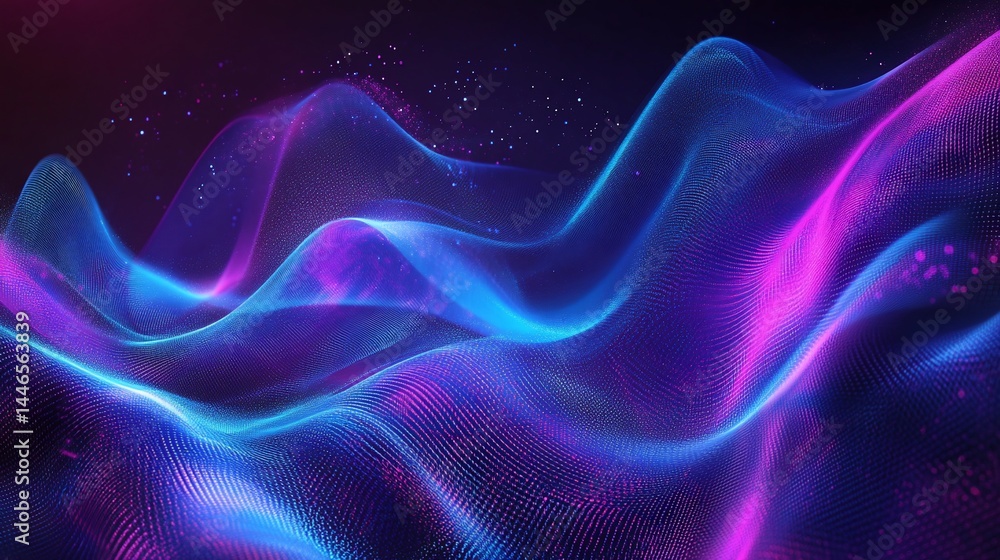 Abstract Technology Background with Glowing Neon Light Waves and Particles Abstract Technology Background with Glowing Neon Light Waves and Particles