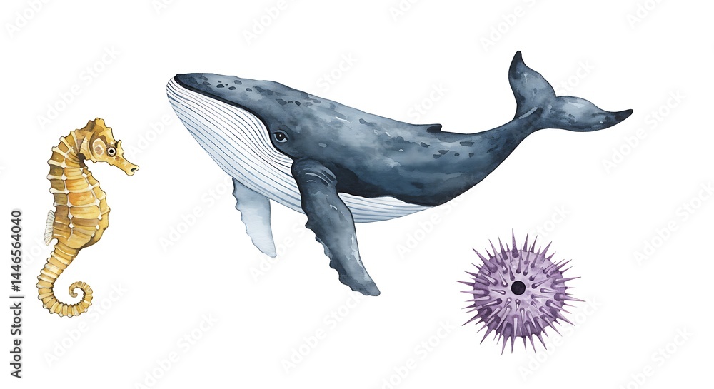 Fototapeta premium Watercolor Sea Life Illustration Featuring Whale, Seahorse and Sea Urchin