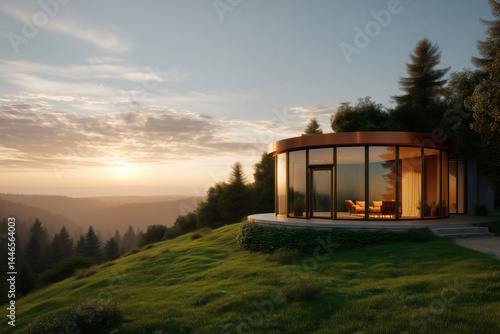 Modern round glass house nestled on a green hilltop with a scenic landscape backdrop during sunset.