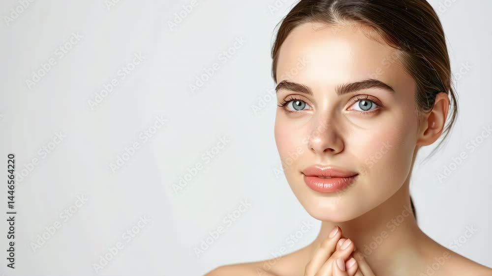 Close-up video of serene woman touching glowing skin with eyes closed Close-up video of serene woman touching glowing skin with eyes closed