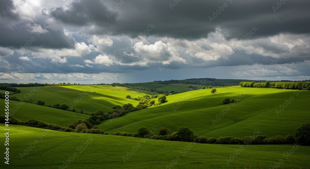 Fototapeta premium Green hills under cloudy sky. Photo