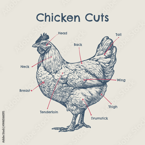 Diagram illustrating various cuts of a chicken with labels