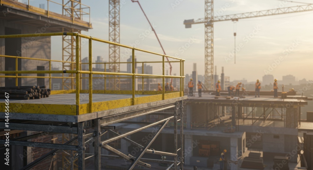 Construction Site Sunrise: Workers Building a Modern Cityscape Construction Site Sunrise: Workers Building a Modern Cityscape
