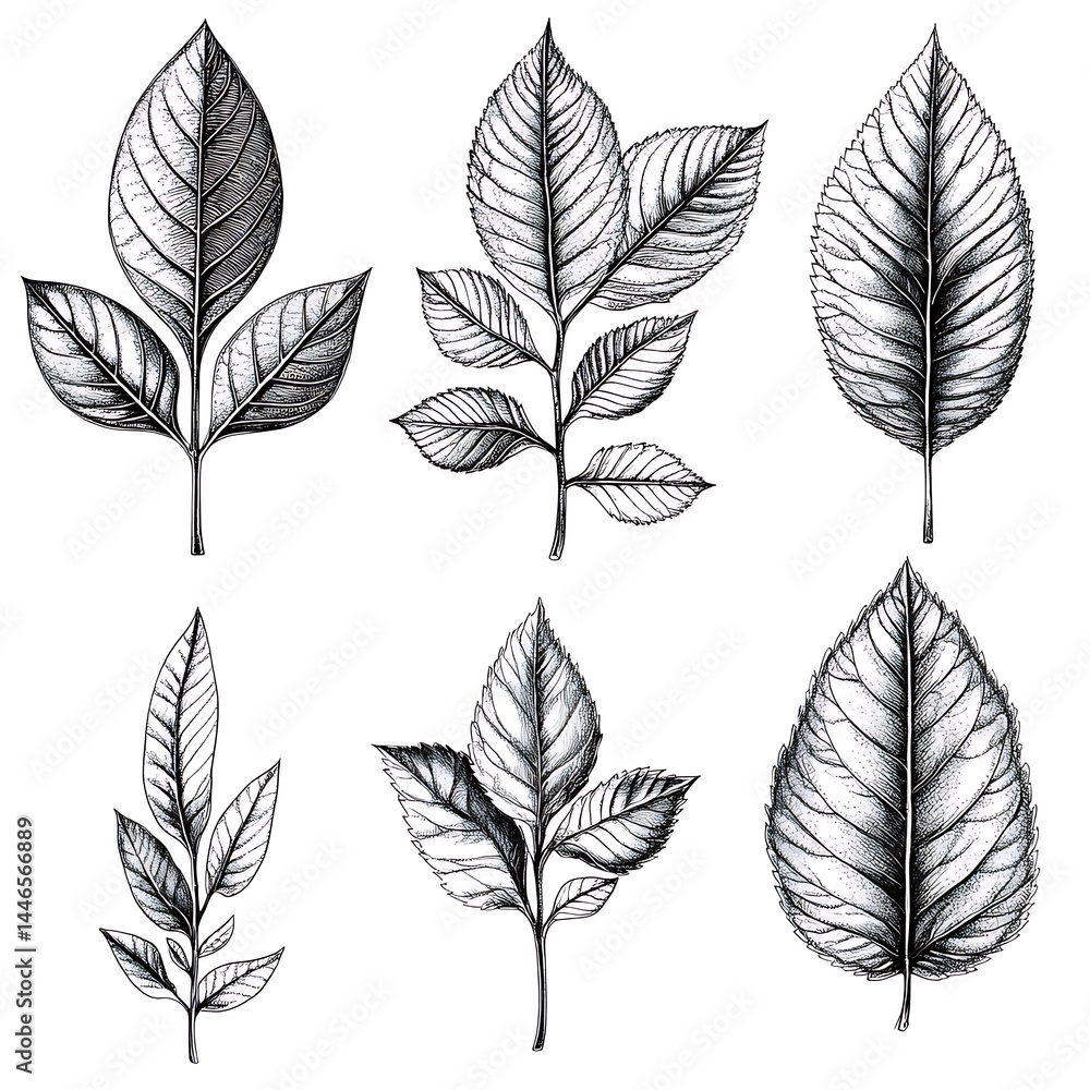 Obraz premium Highly detailed illustrations of various trees, leaves, grasses, and botanical elements, featuring realistic, minimalist, and abstract compositions on a white background.