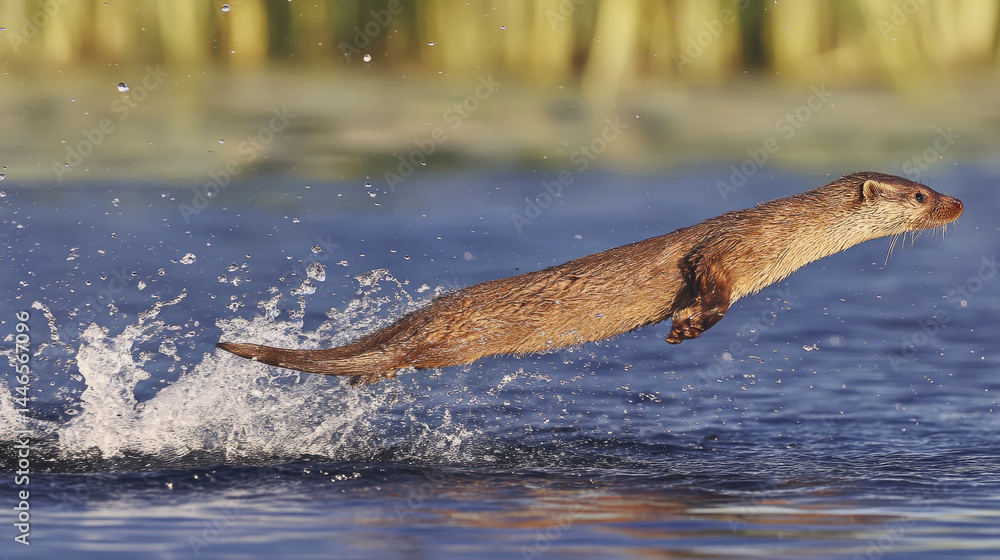 Obraz premium Otter diving enthusiastically in freshwater habitat for wildlife conservation awareness