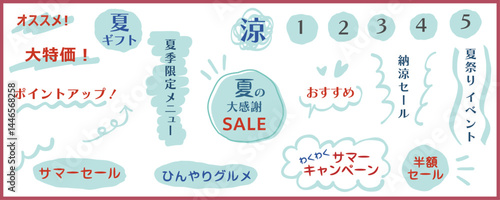 涼しげクールな水色の夏の手描きフレームセット　ベクターイラスト　白背景　装飾　素材　セール　広告　チラシ　ポスター