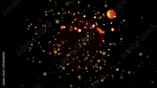 Glowing heart silhouette floating within dark void, emitting dynamic red orange yellow sparks