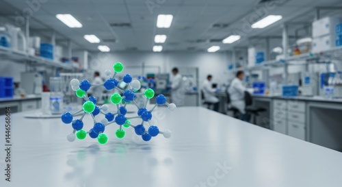 Modern Scientific Research Laboratory with Molecular Model on Tabletop Illustrating Advanced Chemical Research and Development