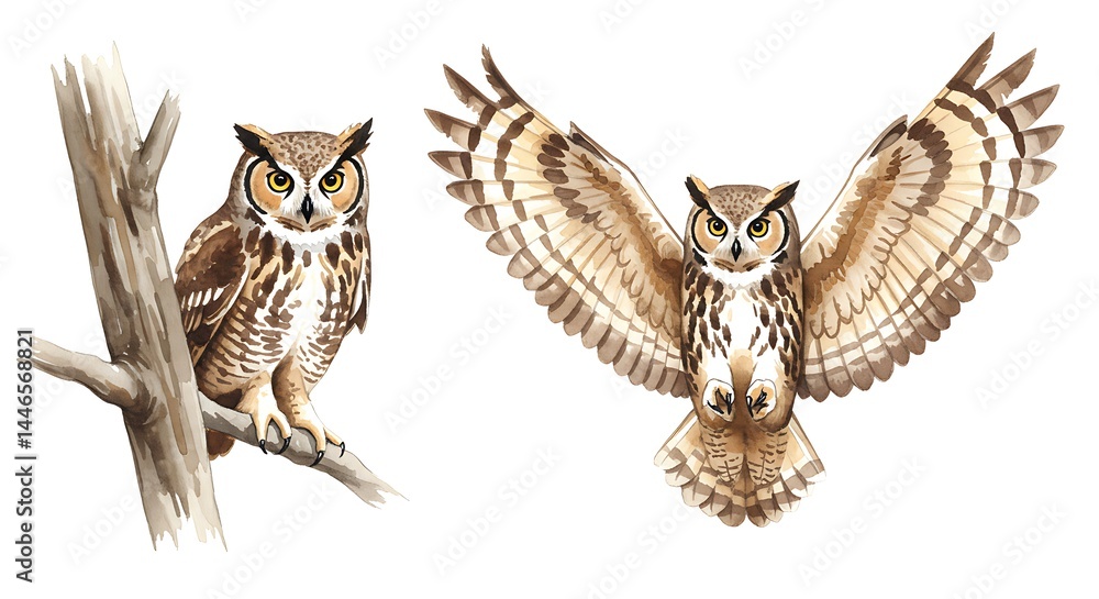 Fototapeta premium Detailed Watercolor Owl Illustrations Including One Flying and One Perched