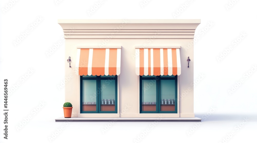 Beige storefront with orange awnings Beige storefront with orange awnings
