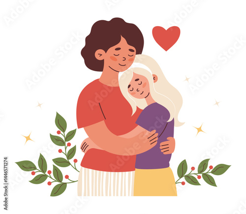 Happy Cute woman mother with her daughter. Vector illustration in flat style for festive design of family and mother day