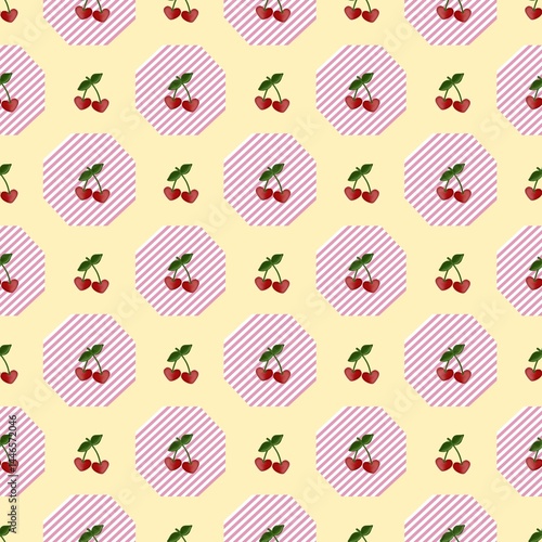 seamless pattern cherries with stems and leaves on soft yellow background combined with hexagon pattern, cute design pattern for fabric, clothes, wrapping paper, and wallpaper