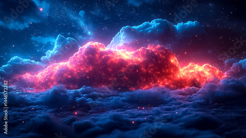 Pixelated Night Cloudscape: Glowing Red and Blue Cosmic Energy