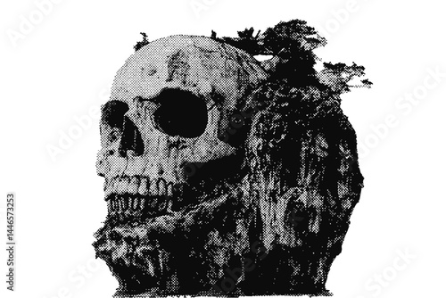 Pirate skull island halftone grunge vector design element
