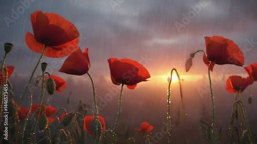 Close-up of red poppy flowers swaying in a field under sunlight. Nature and springtime concept.