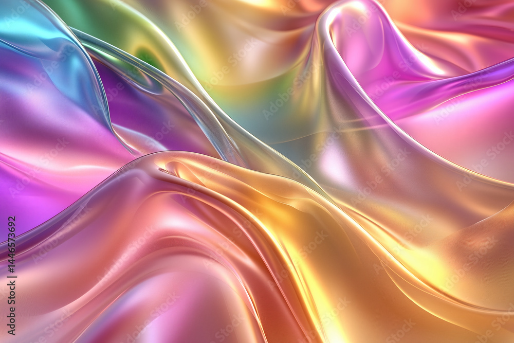 Fototapeta premium Iridescent fabric ripples with vibrant colors, creating a flowing, dynamic abstract design.