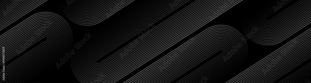 3D black techno abstract background overlap layer on dark space with rounded lines effect decoration. Modern graphic design element stripes style concept for web banner, flyer, card, or brochure cover