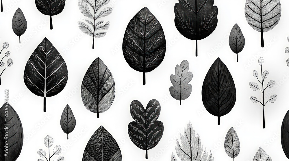 Obraz premium Monochrome Leafy Abundance Patterned Botanical Delight
