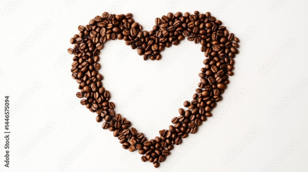 Coffee beans arranged in a heart shape. A heart-shaped frame formed by many roasted coffee beans against a plain white background Coffee beans arranged in a heart shape. A heart-shaped frame formed by many roasted coffee beans against a plain white background
