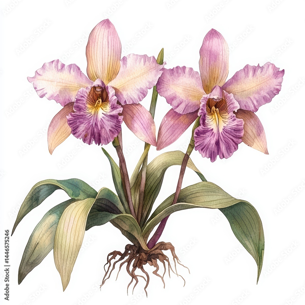 Naklejka premium Delicate Pink Orchids with Green Leaves in a Botanical Illustration