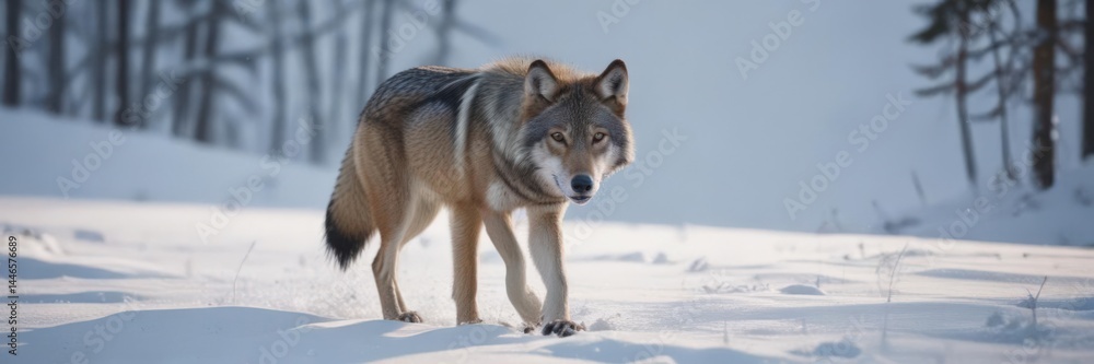 Lone Eurasian wolf trekking through deep snow, blurred background , blurred, trek Lone Eurasian wolf trekking through deep snow, blurred background , blurred, trek
