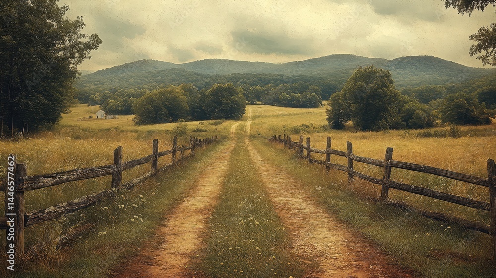 Scenic country road through idyllic farmland with mountain backdrop Scenic country road through idyllic farmland with mountain backdrop