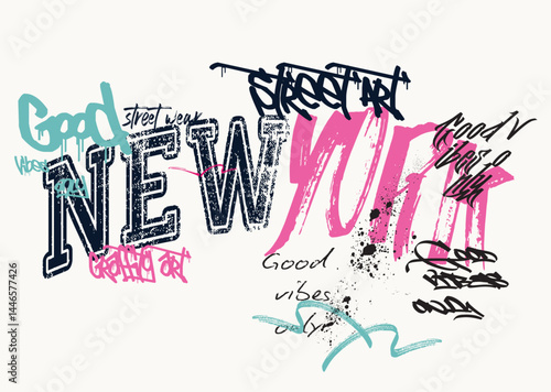 Urban street art graffiti slogan print, graffiti slogan print with neon spray, t shirt graphics print vector illustration design, Urban typography hipster street art for graphic t- shirt. new york art