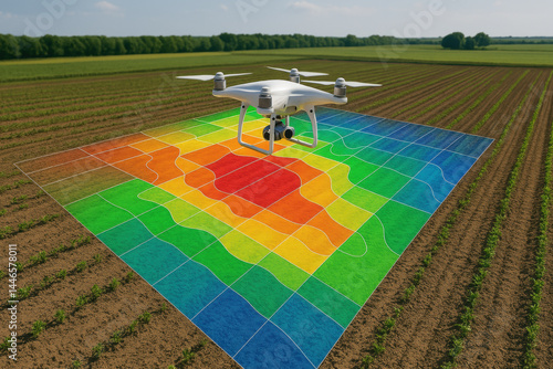Drone conducting precision agriculture survey with multicolored field mapping
