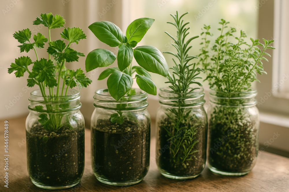 Fresh herbs growing in mason jars on sunny windowsill indoors Fresh herbs growing in mason jars on sunny windowsill indoors