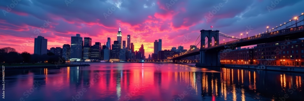 Fototapeta premium Photo of river reflecting New York skyline at twilight, cityscape, dusk, reflection