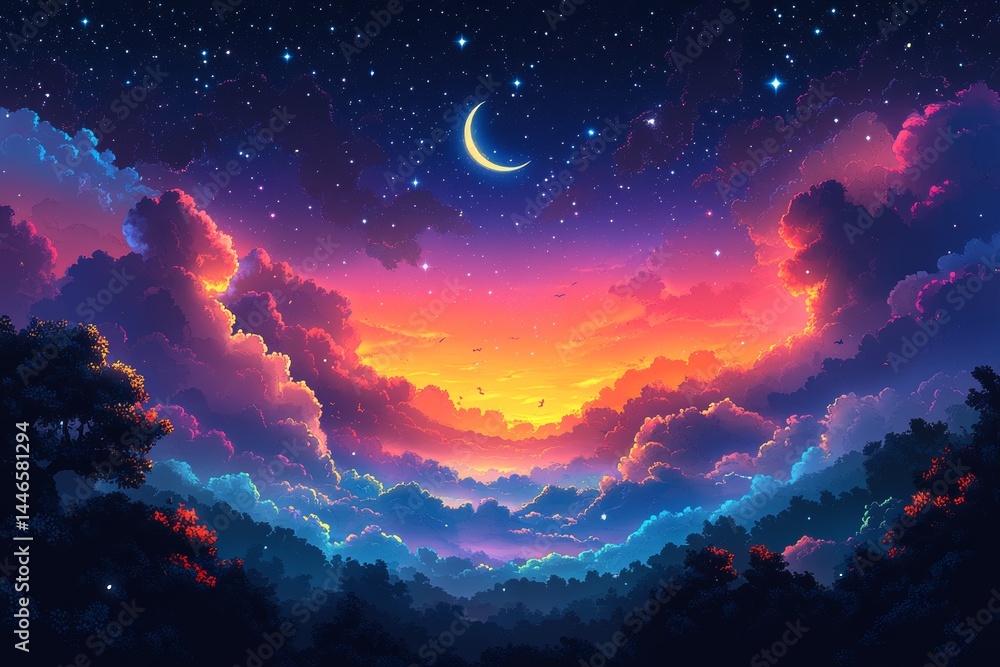 Naklejka premium Colorful sunset over forest, crescent moon, stars; fantasy art