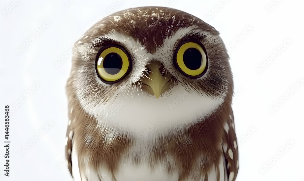Fototapeta premium Close-up portrait of an adorable little owl with big, bright yellow eyes, staring directly at the camera against a white background.
