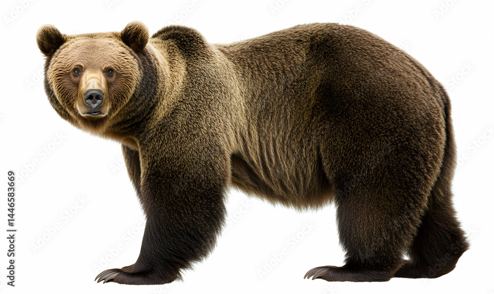 Fototapeta premium Majestic brown bear standing against a white background. High-resolution image perfect for wildlife documentaries, educational materials, or creative projects.