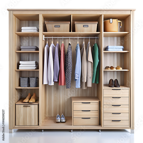 Open wardrobe with shelves on white background
