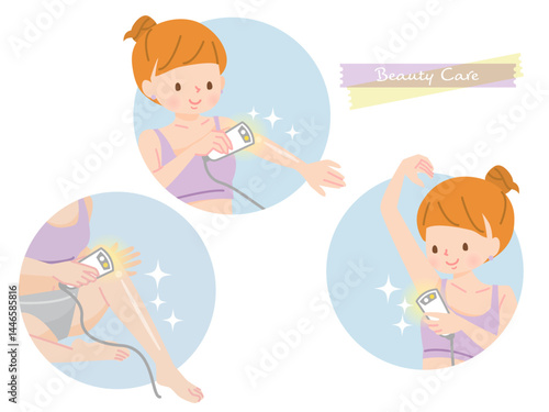 脱毛器でムダ毛の処理をする女性のイラストセット