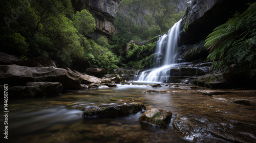 Beautiful waterfall landscape photography with rocks and green fern trees in the forest nature scene