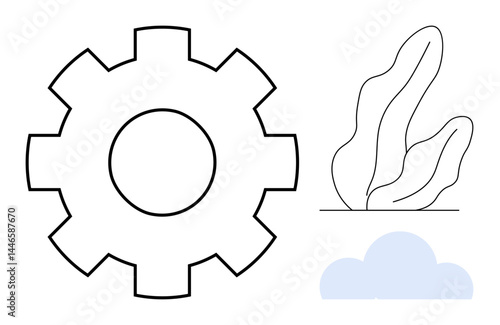 Gear vector alongside abstract leaf and cloud shapes, combining nature and technology elements. Ideal for innovation, tech startups, environment, sustainability, workflow, future design, simple